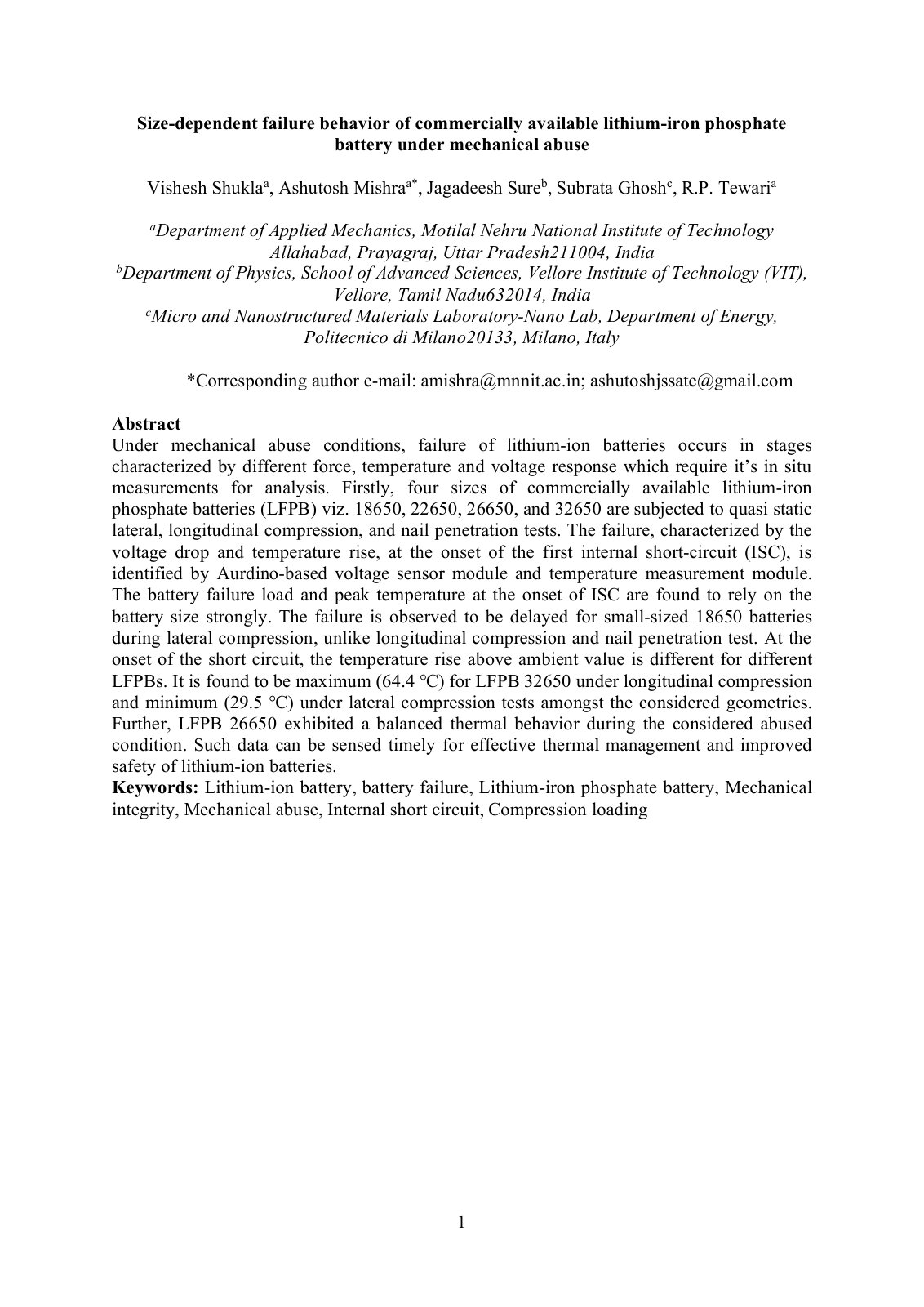 First page of Size-dependent failure behavior of commercially available lithium-iron phosphate