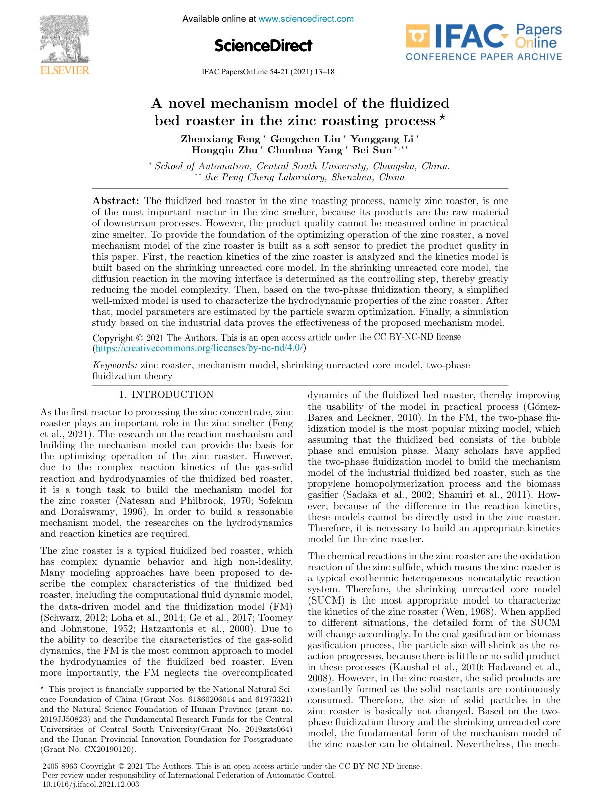 First page of A novel mechanism model of the ﬂuidized bed roaster in the zinc roasting process