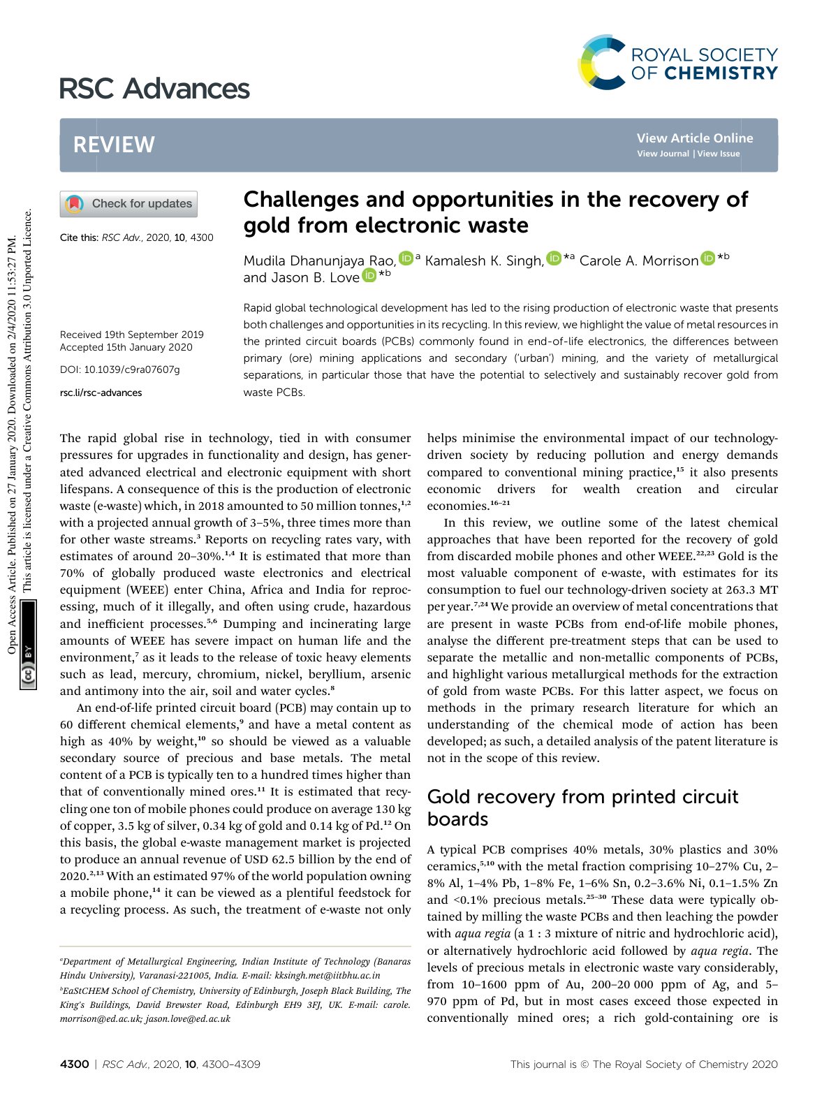 First page of Challenges and opportunities in the recovery of gold from electronic waste