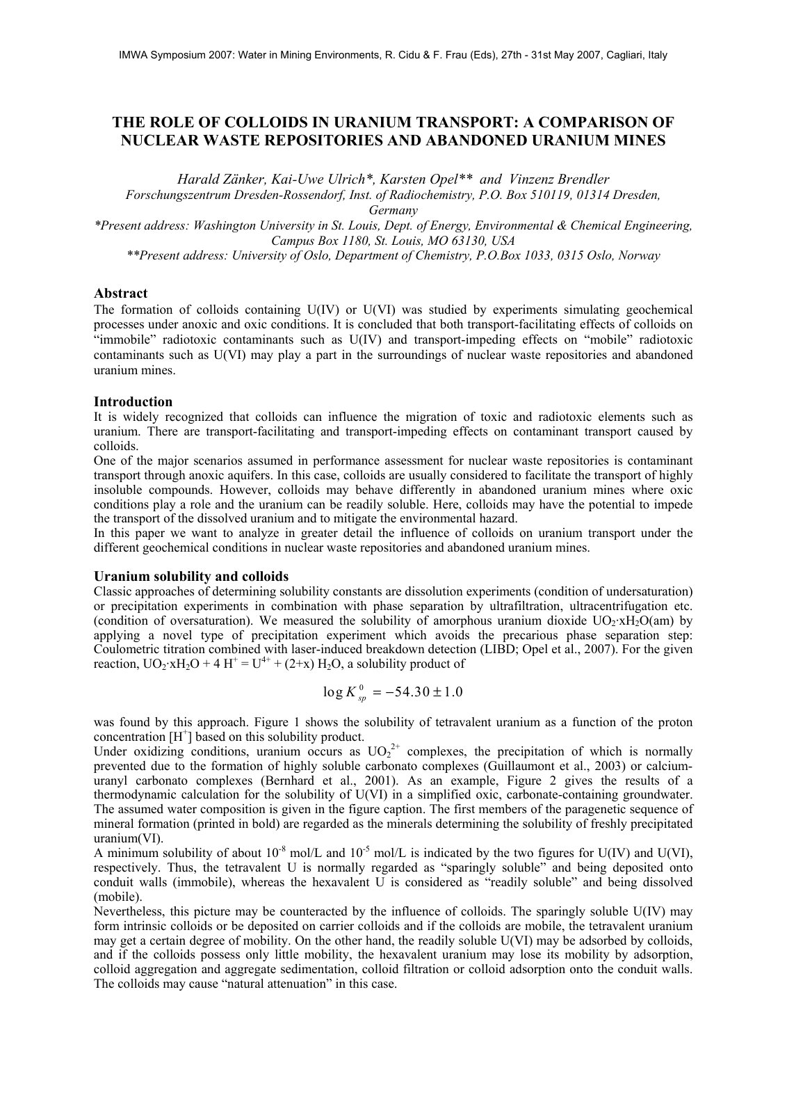 First page of THE ROLE OF COLLOIDS IN URANIUM TRANSPORT: A COMPARISON OF NUCLEAR WASTE REPOSITORIES AND ABANDONED URANIUM MINES