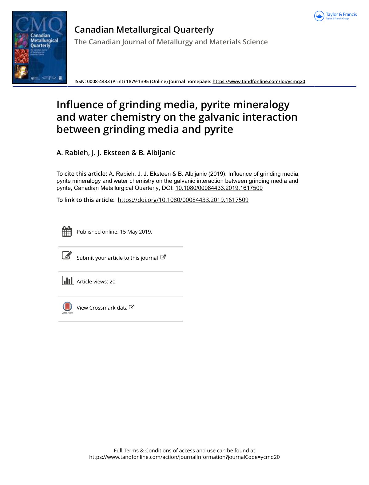 First page of Influence of grinding media pyrite miner