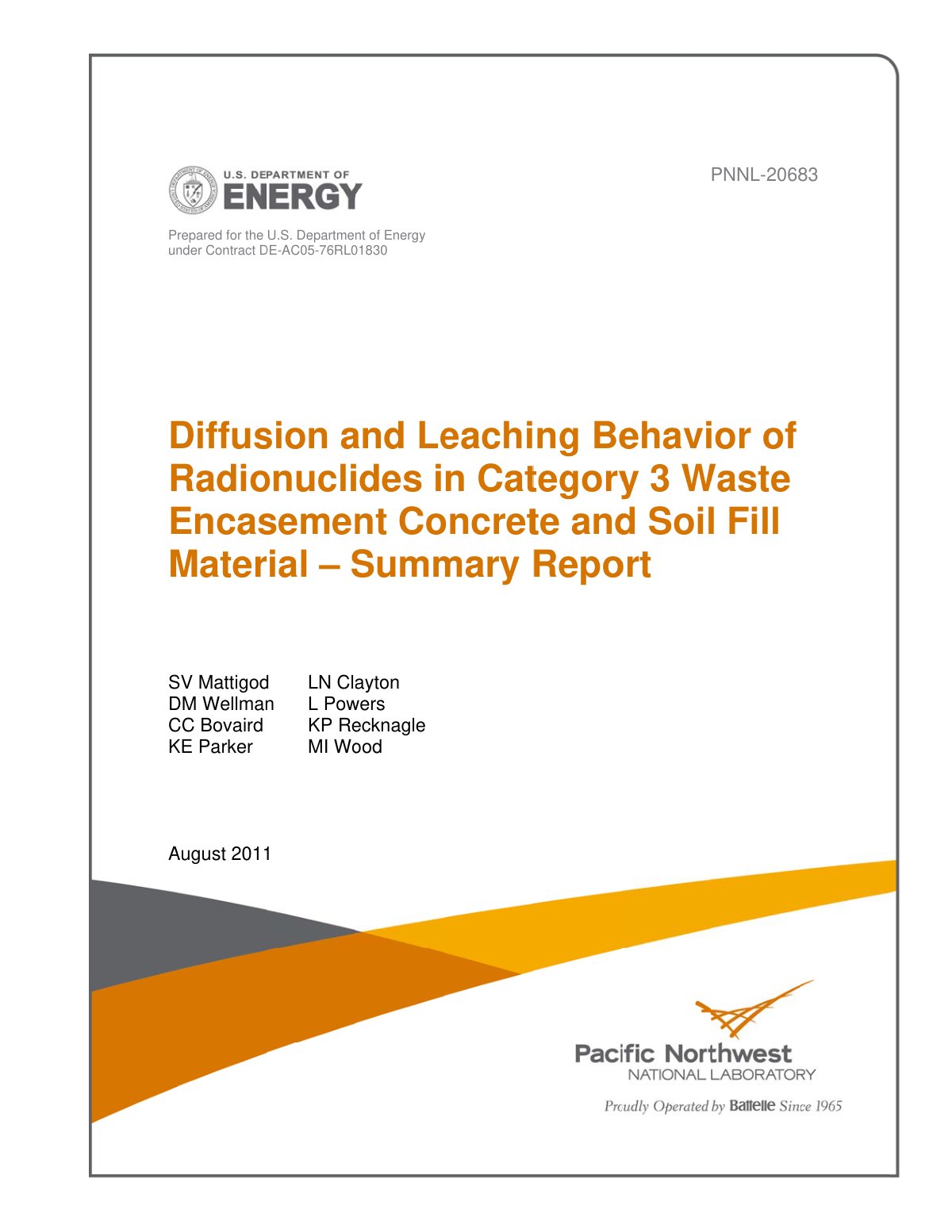 First page of Diffusion and Leaching Behavior of Radionuclides in Category 3 Waste Encasement Concrete and Soil Fill Material – Summary Report