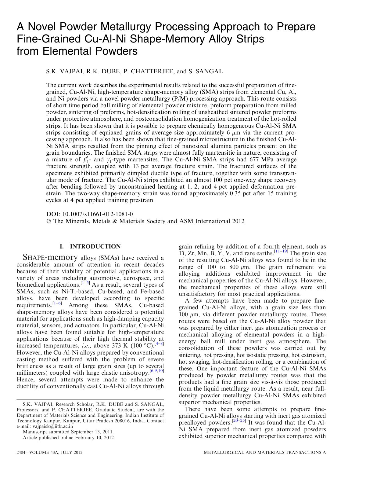 First page of A Novel Powder Metallurgy Processing Approach to Prepare Fine-Grained Cu-Al-Ni Shape-Memory Alloy Strips from Elemental Powders