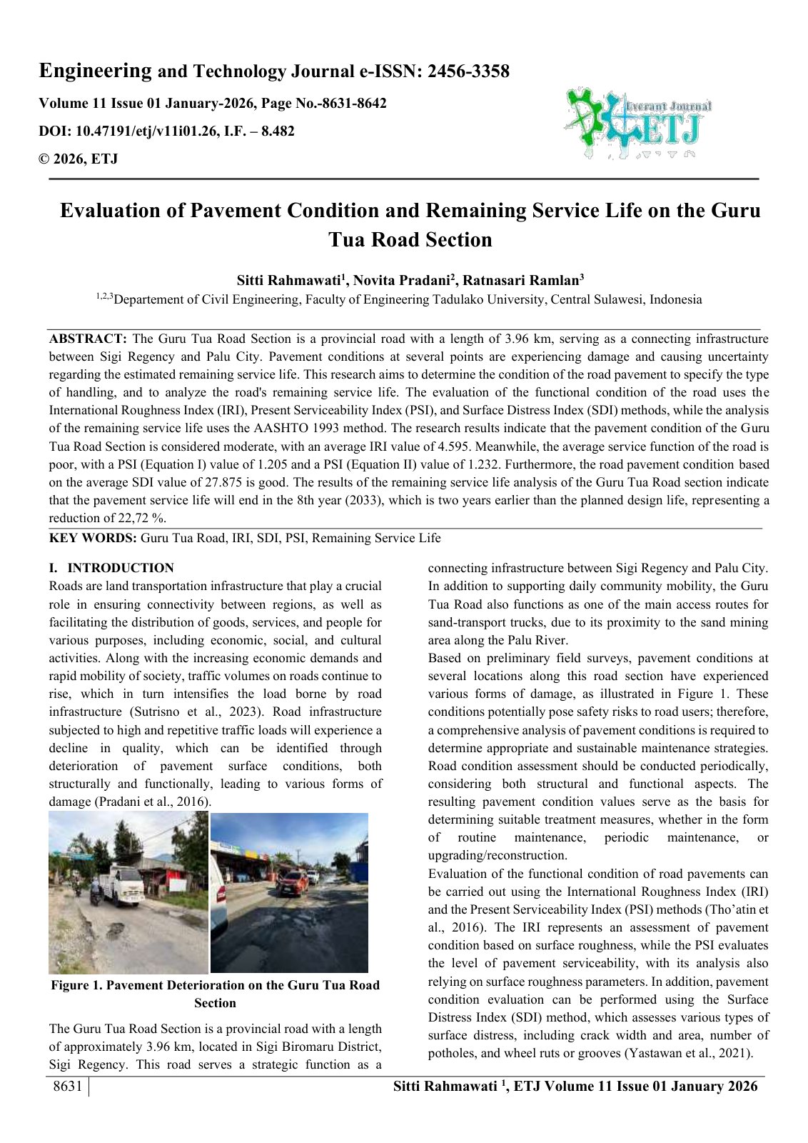 First page of Evaluation of Pavement Condition and Remaining Service Life on the Guru  Tua Road Section   