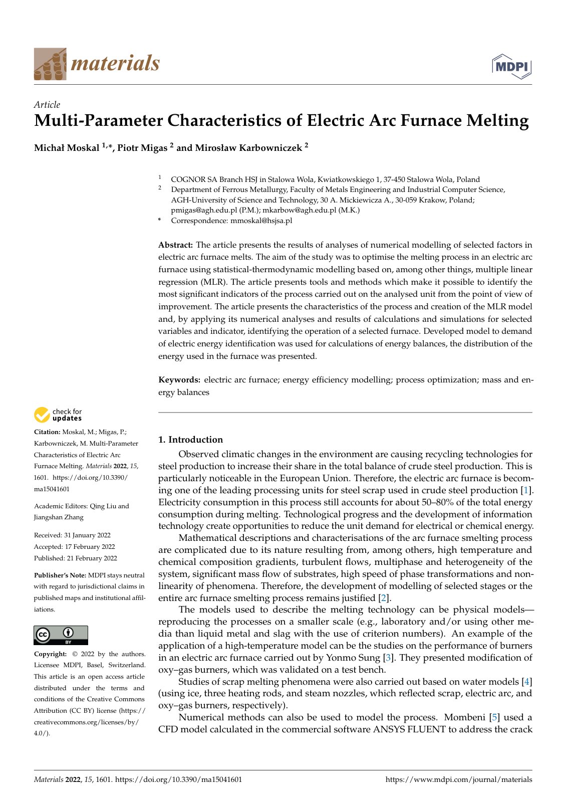 First page of Multi-Parameter Characteristics of Electric Arc Furnace Melting