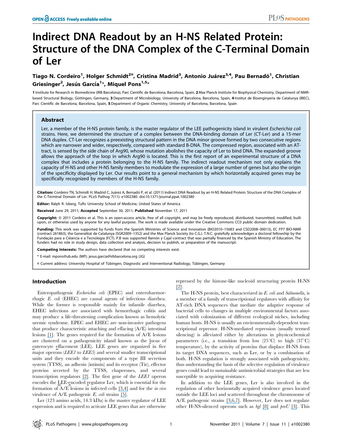 First page of Indirect DNA Readout by an H-NS Related Protein: Structure of the DNA Complex of the C-Terminal Domain of Ler