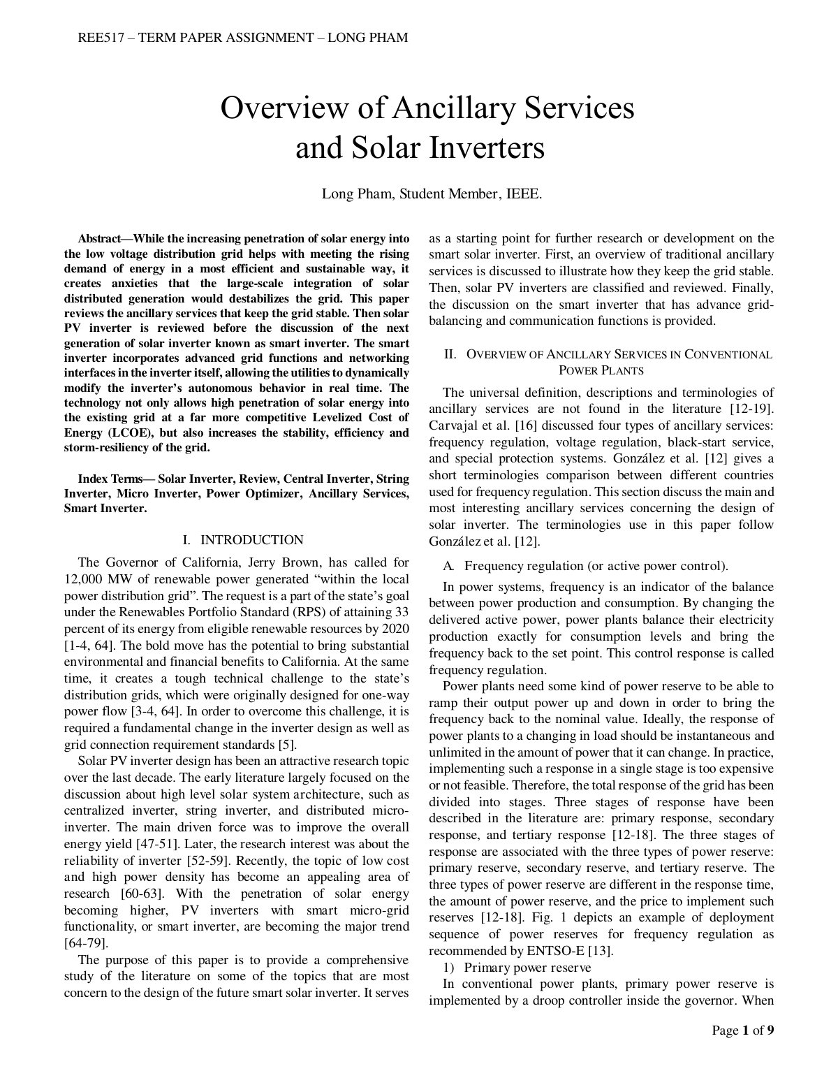 First page of Term Paper Assignment – Solar Inverters and Grid Stability