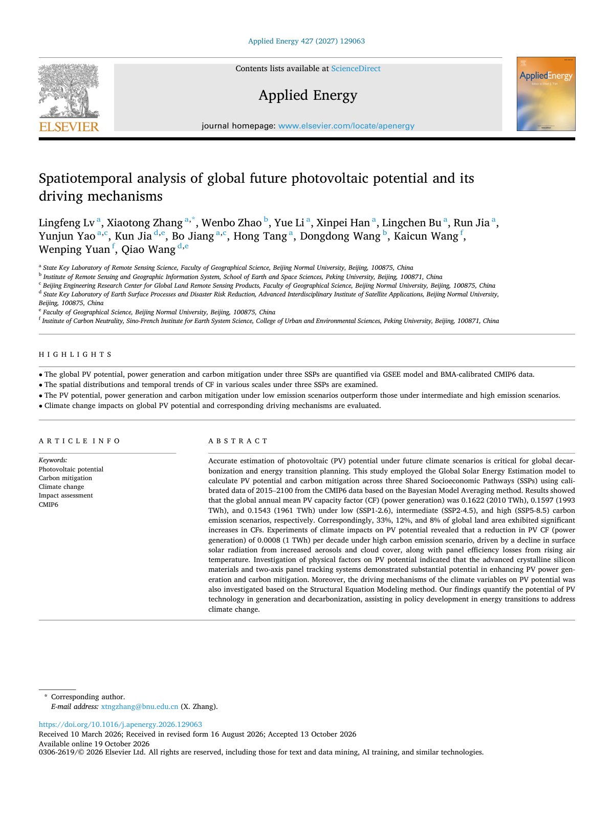 First page of Spatiotemporal analysis of global future photovoltaic potenti 2027 Applied E