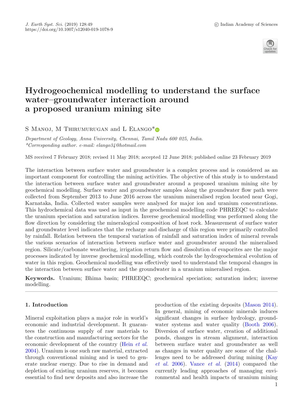 First page of Hydrogeochemical modelling to understand the surface water–groundwater interaction around a proposed uranium mining site