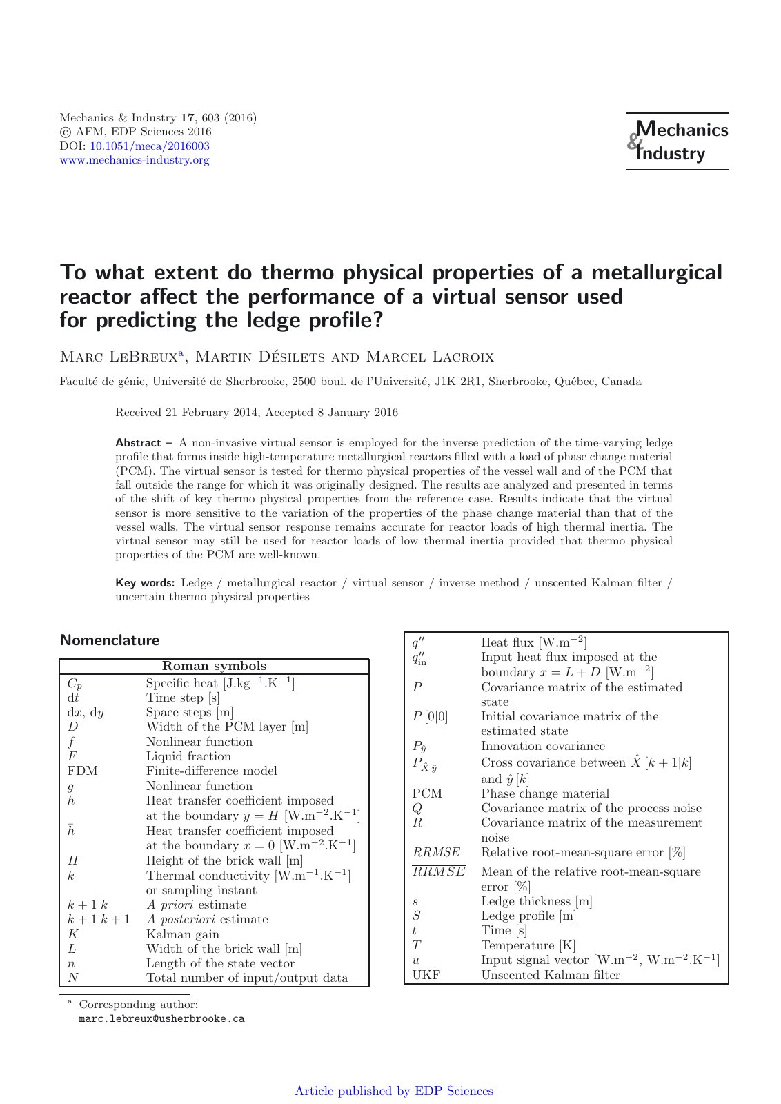 First page of To what extent do thermo physical properties of a metallurgical reactor affect the performance of a virtual sensor used for predicting the ledge profile?