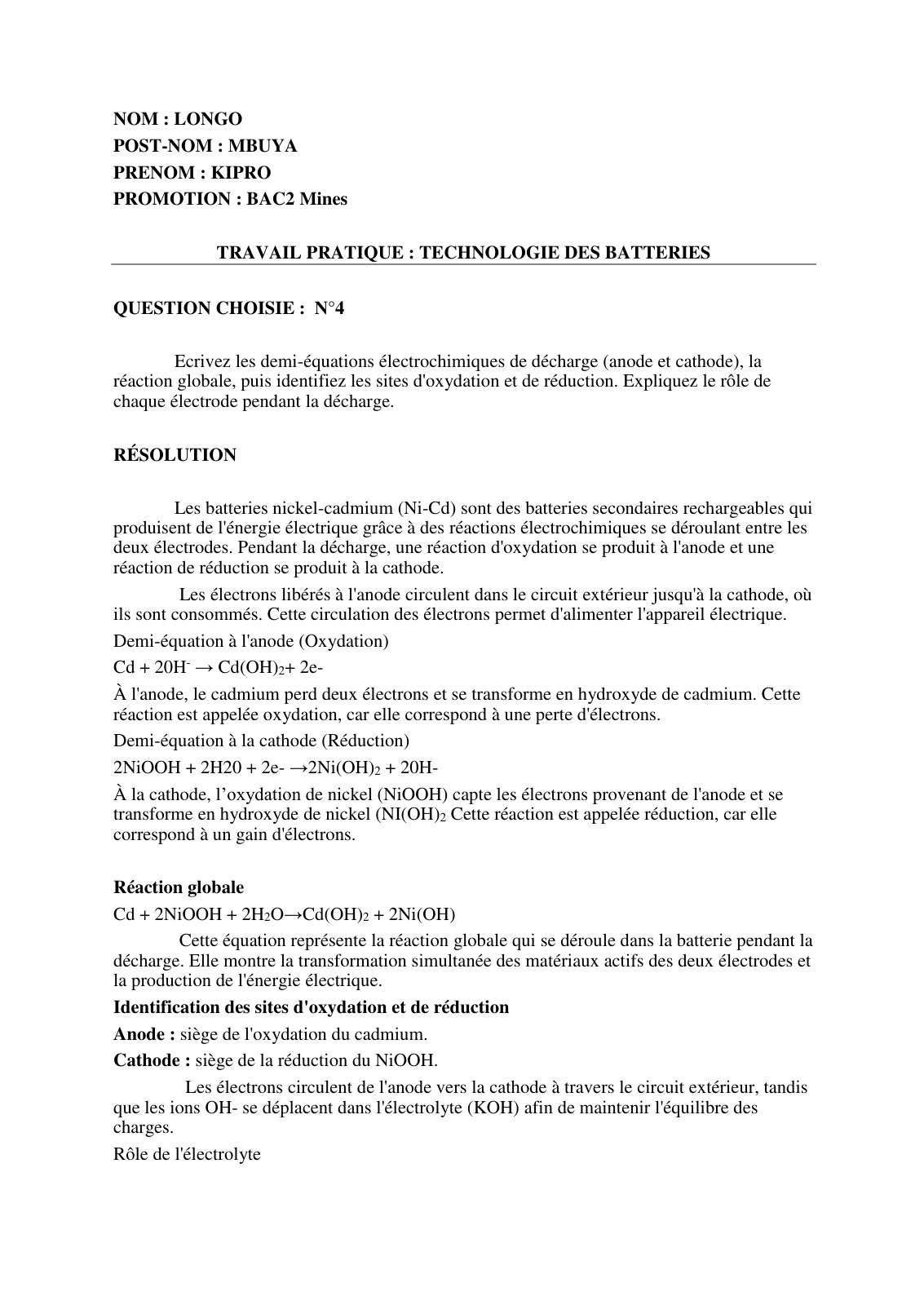 First page of Technologie des batteries