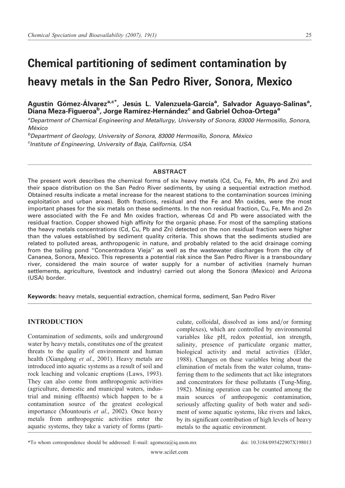 First page of Chemical partitioning of sediment contamination by heavy metals in the San Pedro River, Sonora, Mexico