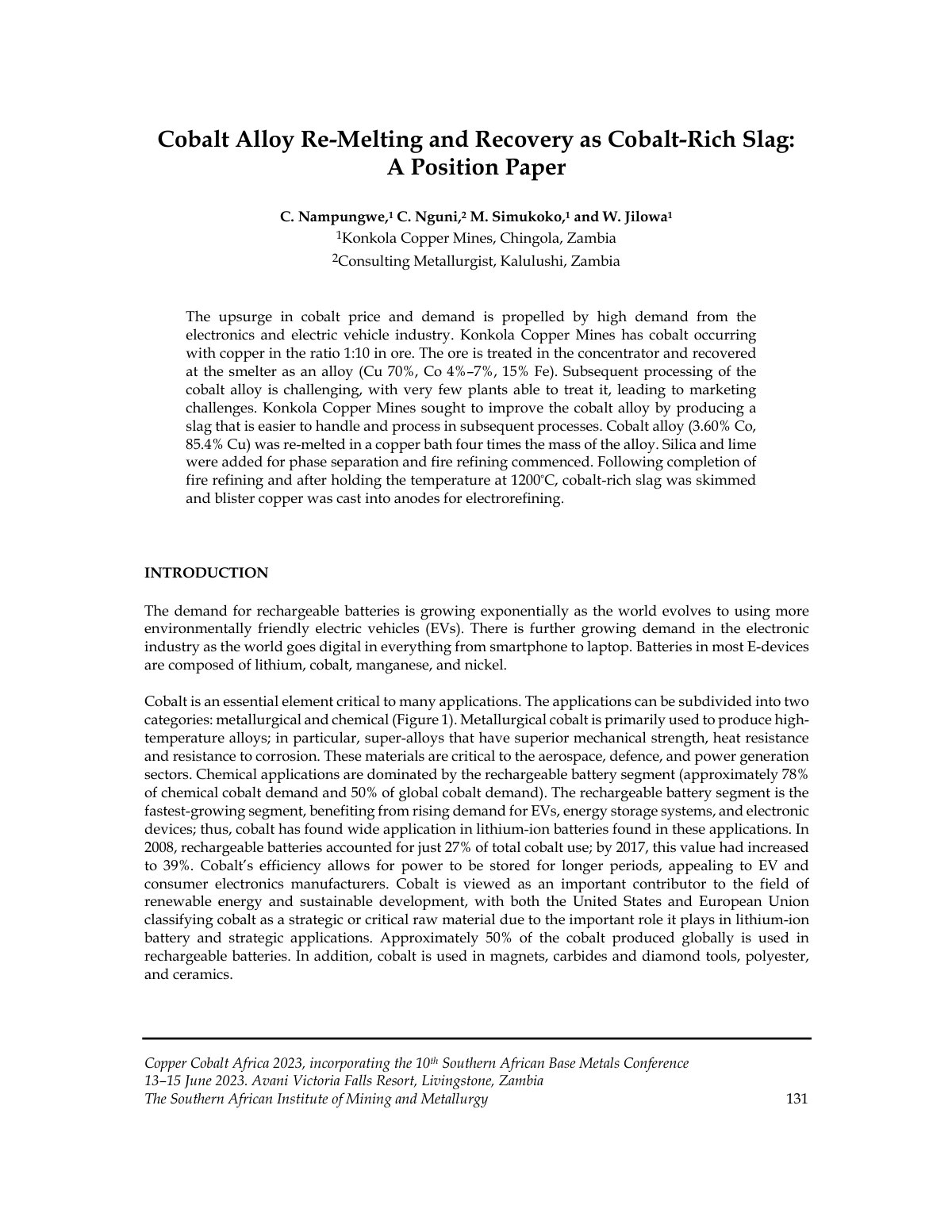 First page of Cobalt Alloy Re-Melting and Recovery as Cobalt-Rich Slag: A Position Paper