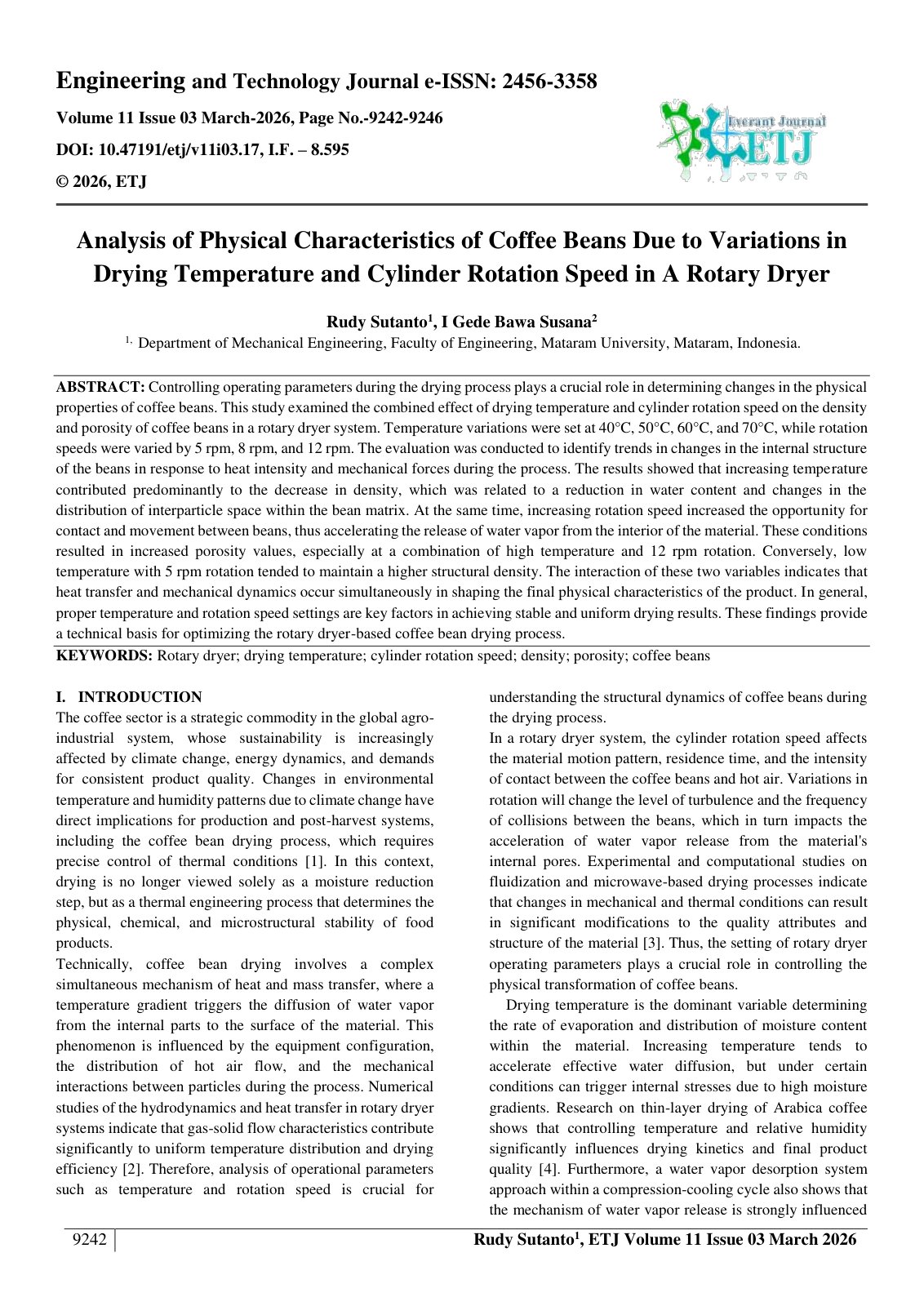 First page of Analysis of Physical Characteristics of Coffee Beans Due to Variations in  Drying Temperature and Cylinder Rotation Speed in A Rotary Dryer 