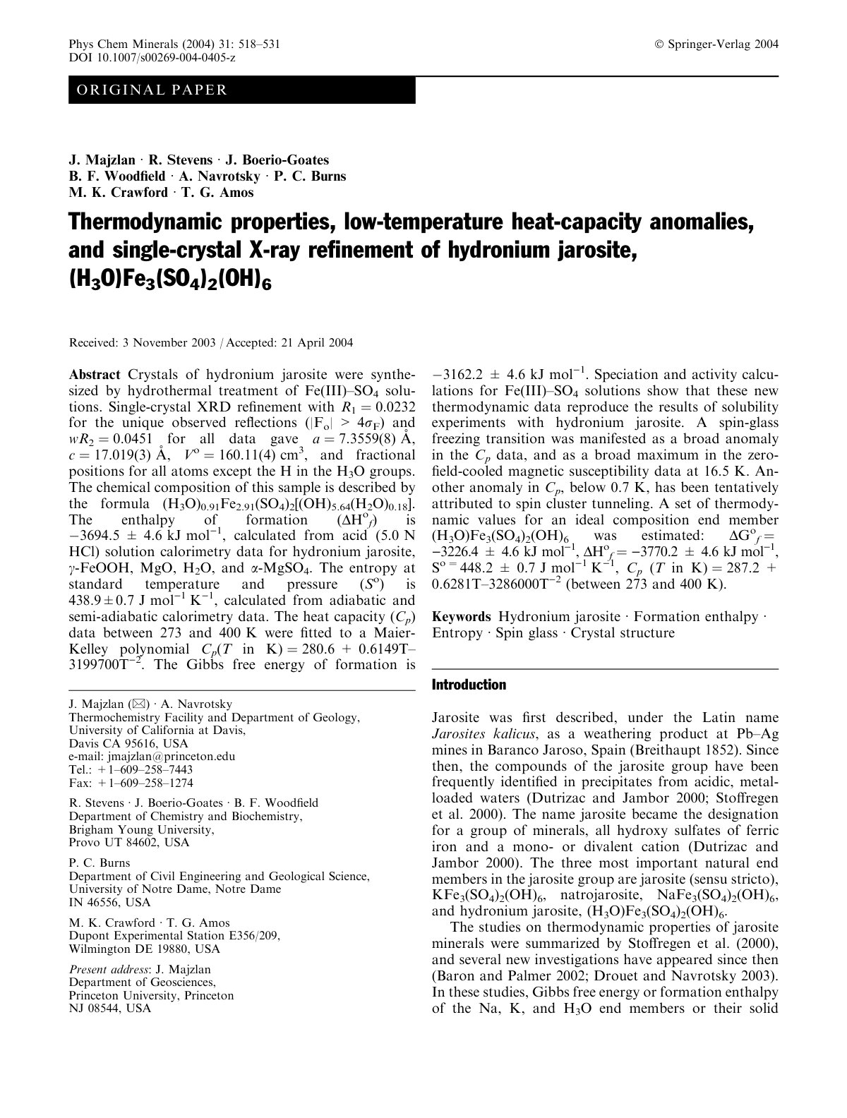 First page of Thermodynamic properties, low-temperature heat-capacity anomalies, and single-crystal X-ray refinement of hydronium jarosite, (H3O)Fe3(SO4)2(OH)6