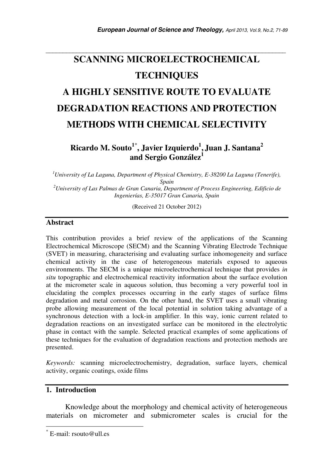 First page of Scanning Microelectrochemical Techniques: A Highly Sensitive Route to Evaluate Degradation Reactions and Protection Methods with Chemical Selectivity