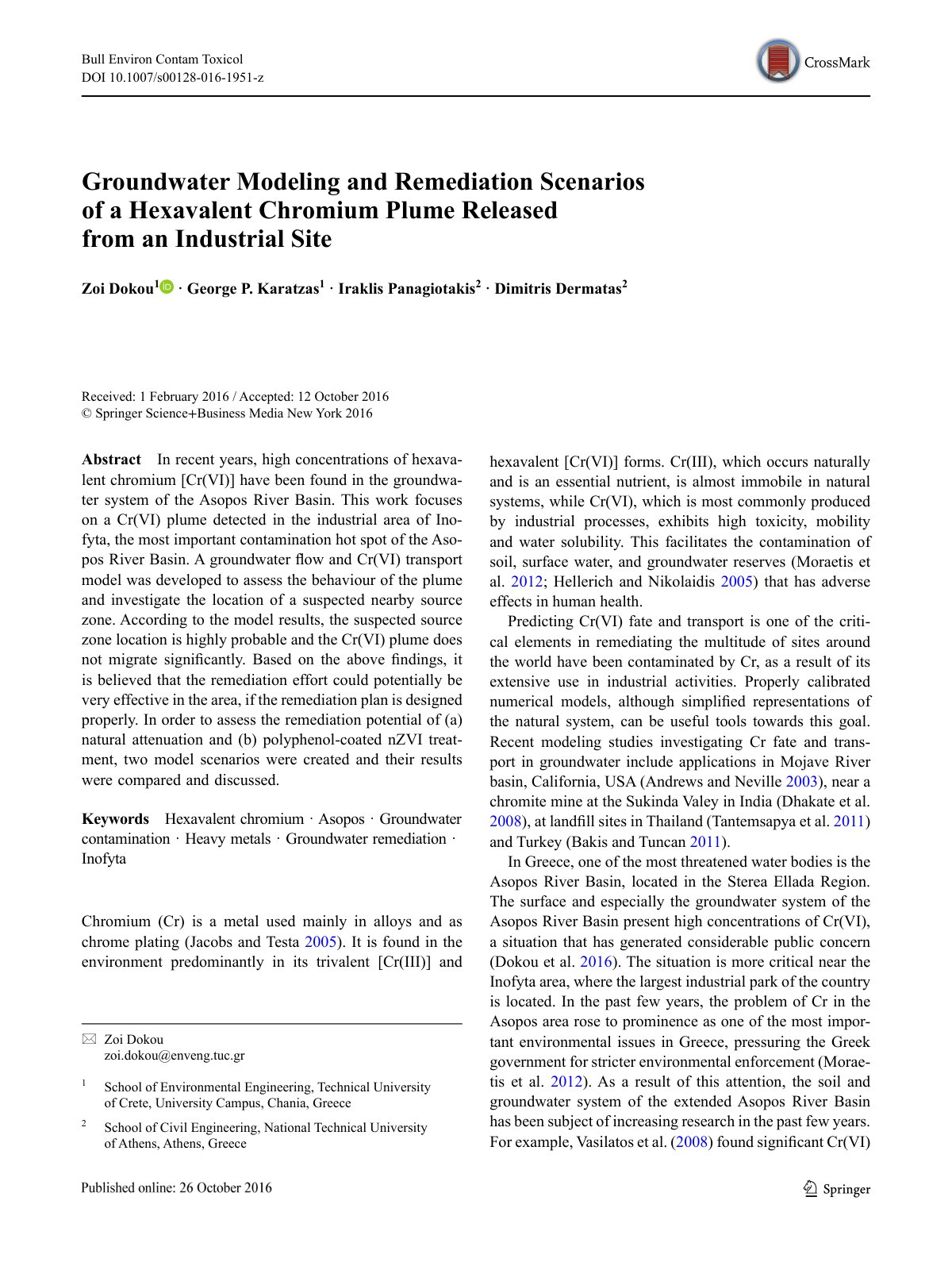 First page of Groundwater Modeling and Remediation Scenarios of a Hexavalent Chromium Plume Released from an Industrial Site