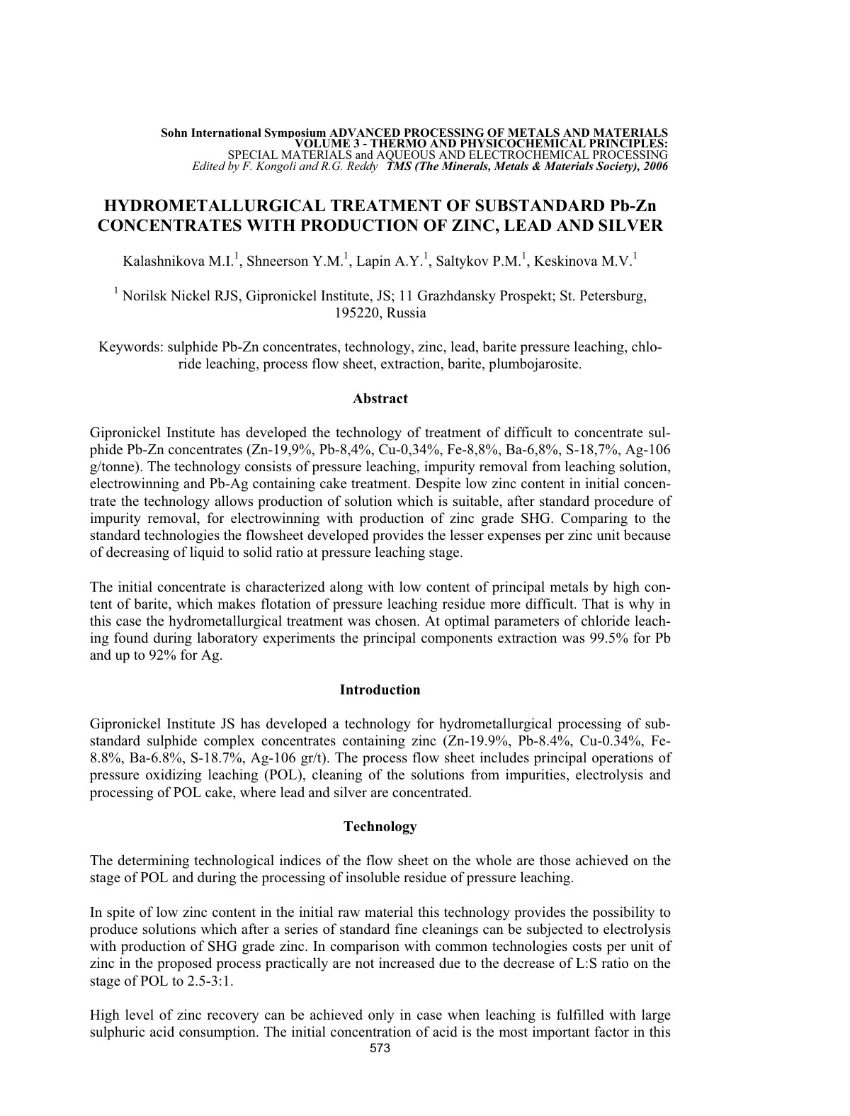 First page of Hydrometallurgical Treatment Of Substandard Pb Zn Concentrates With Production Of Zinc, Lead And Silver