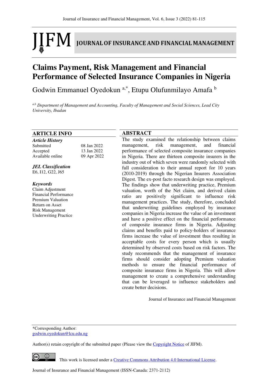 First page of Claims Payment Risk Management and Finan