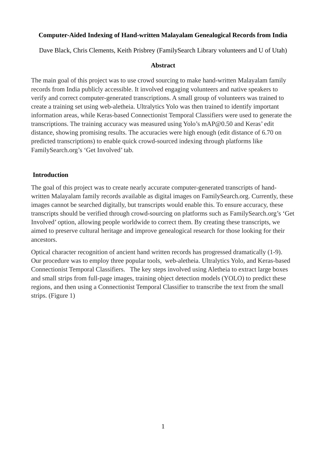 First page of Computer Aided Indexing of Hand written
