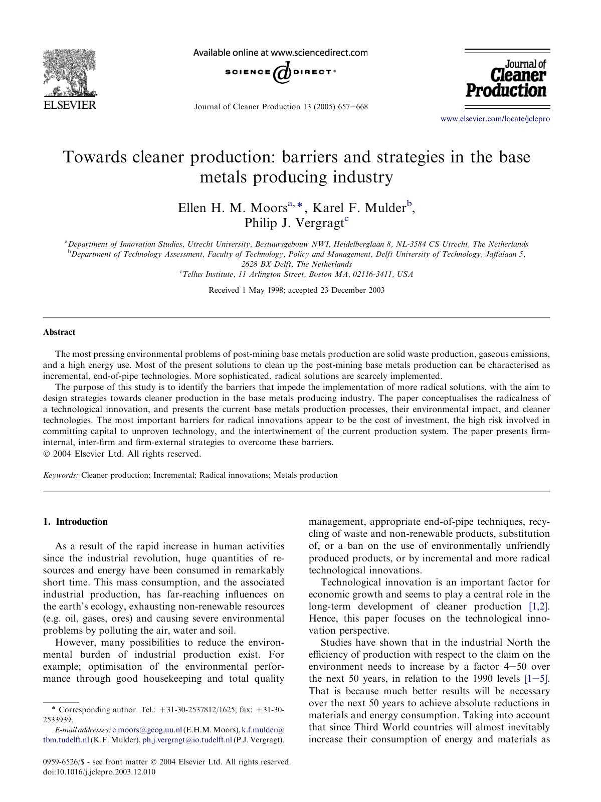 First page of Towards cleaner production barriers and