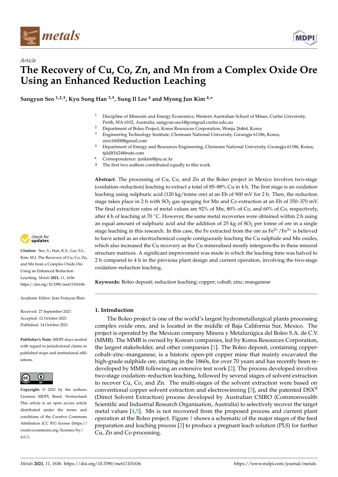 First page of The Recovery of Cu Co Zn and Mn from a C
