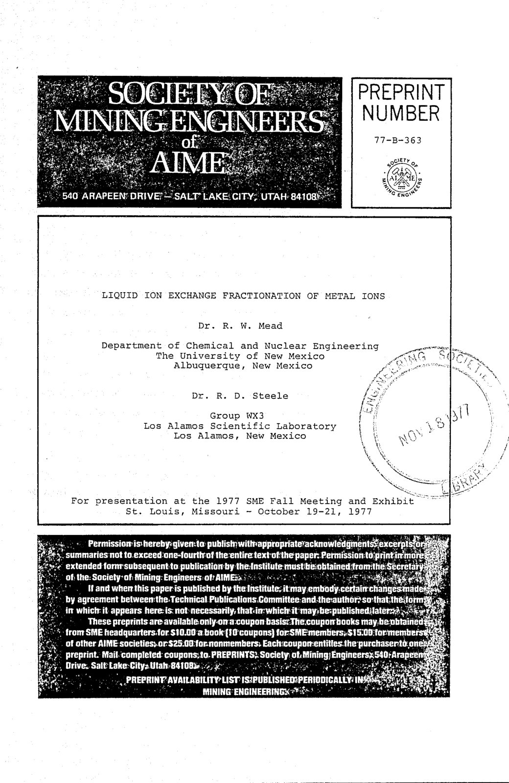 First page of Liquid Ion Exchange Fractionation of Metal Ions
