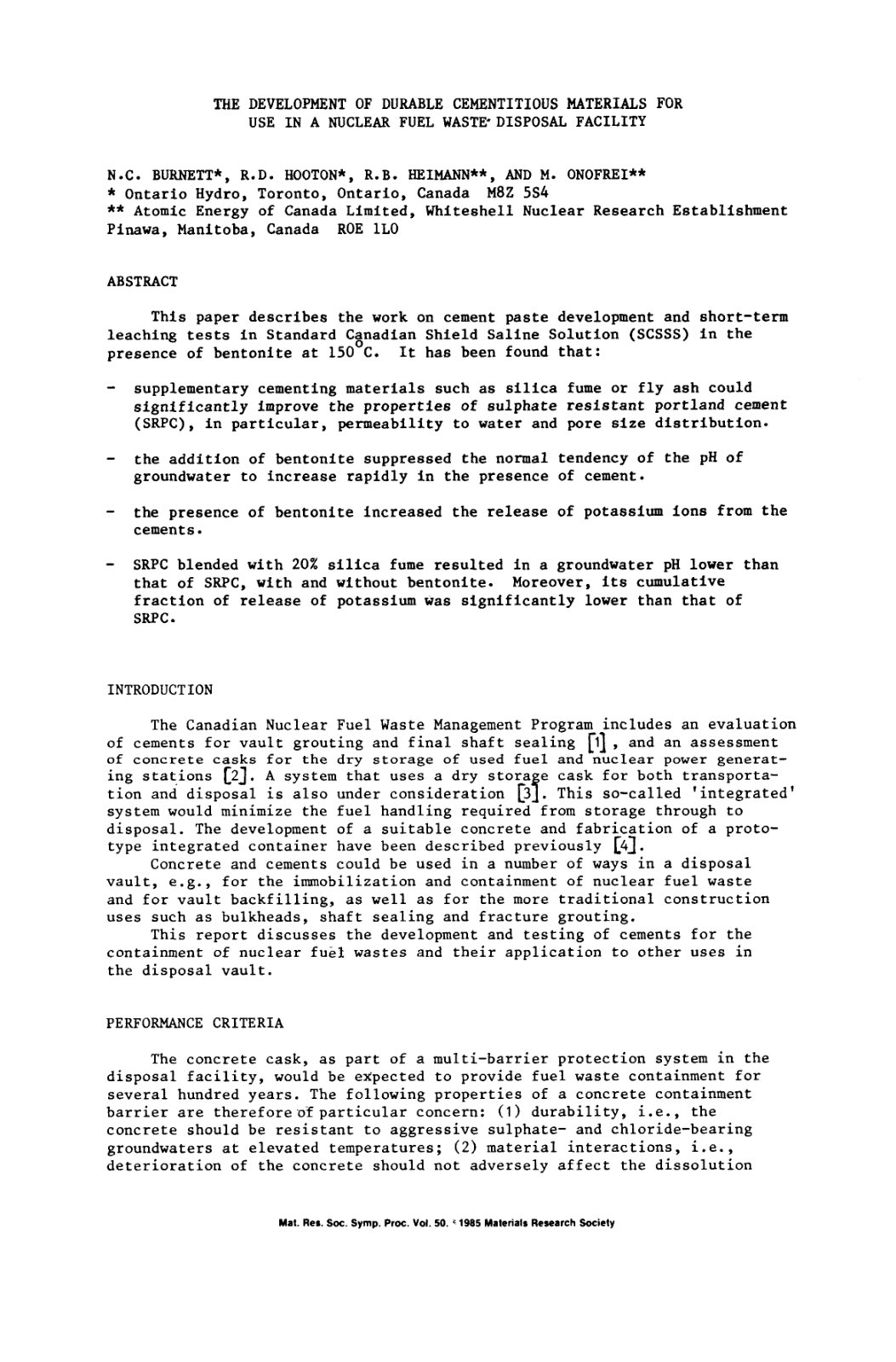 First page of THE DEVELOPMENT OF DURABLE CEMENTITIOUS MATERIALS FOR USE IN A NUCLEAR FUEL WASTE DISPOSAL FACILITY
