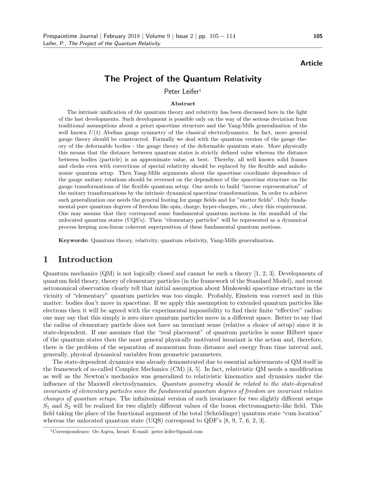 First page of The Project of the Quantum Relativity