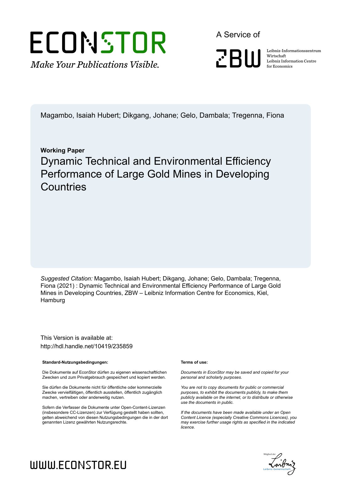 First page of Dynamic Technical and Environmental Efficiency Performance of Large Gold Mines in Developing Countries