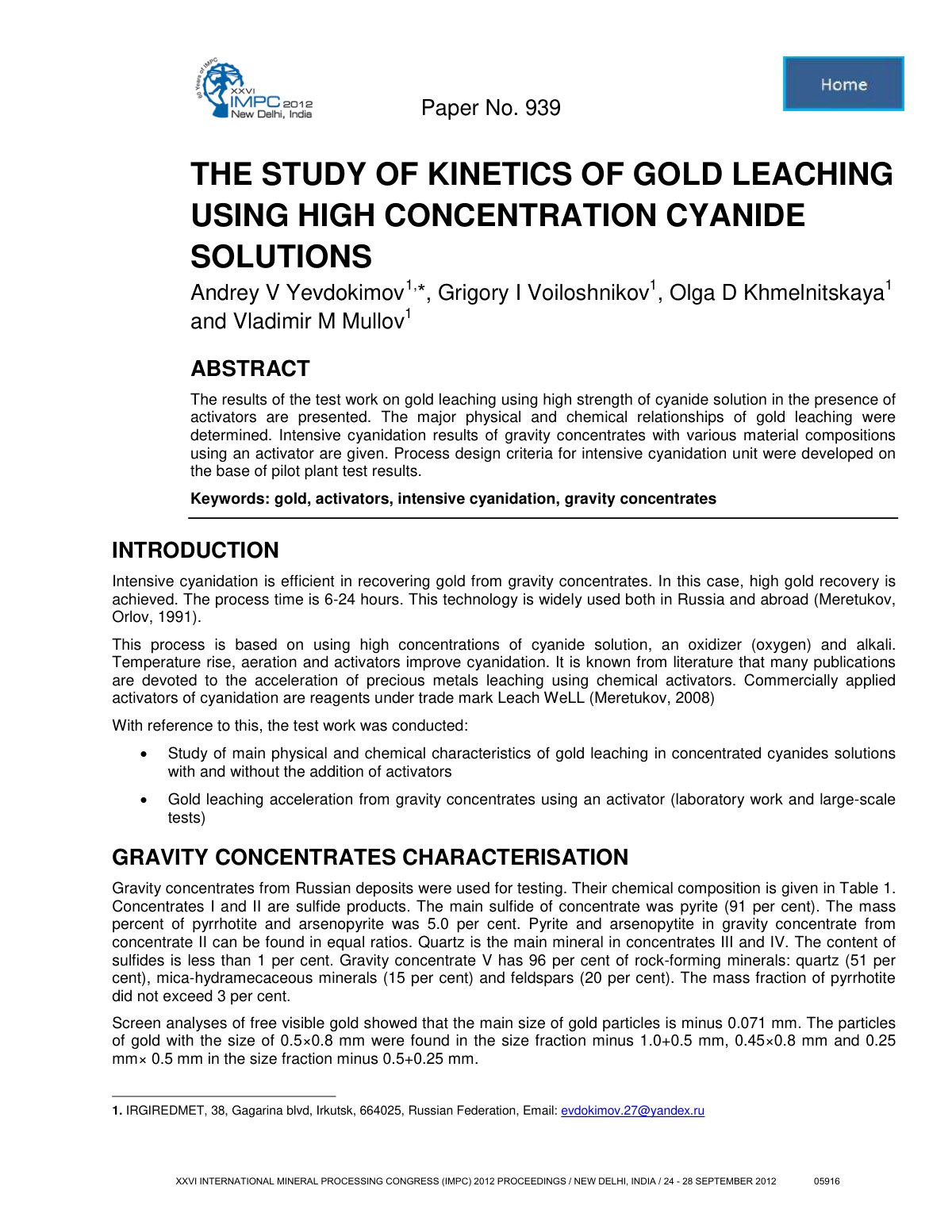 First page of THE STUDY OF KINETICS OF GOLD LEACHING U