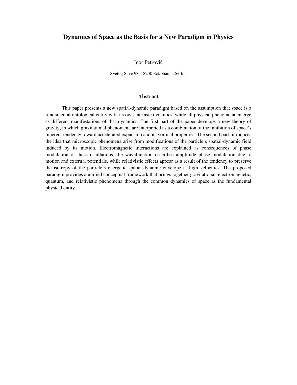 First page of Dynamics of Space as the Basis for a New
