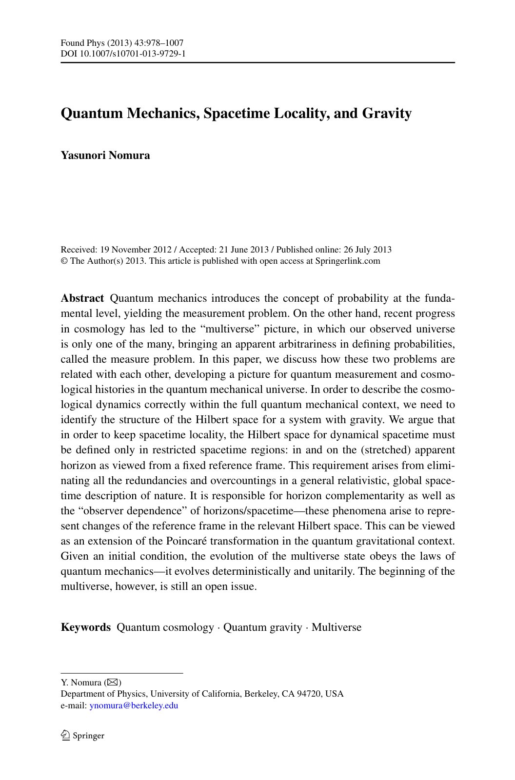 First page of Quantum Mechanics Spacetime Locality and