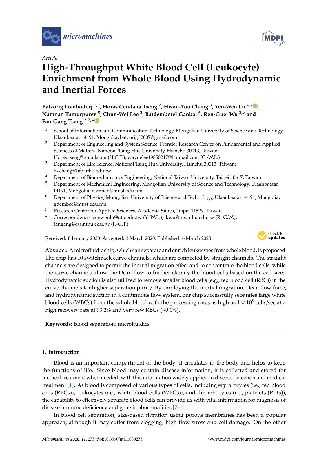First page of High-Throughput White Blood Cell (Leukocyte) Enrichment from Whole Blood Using Hydrodynamic and Inertial Forces