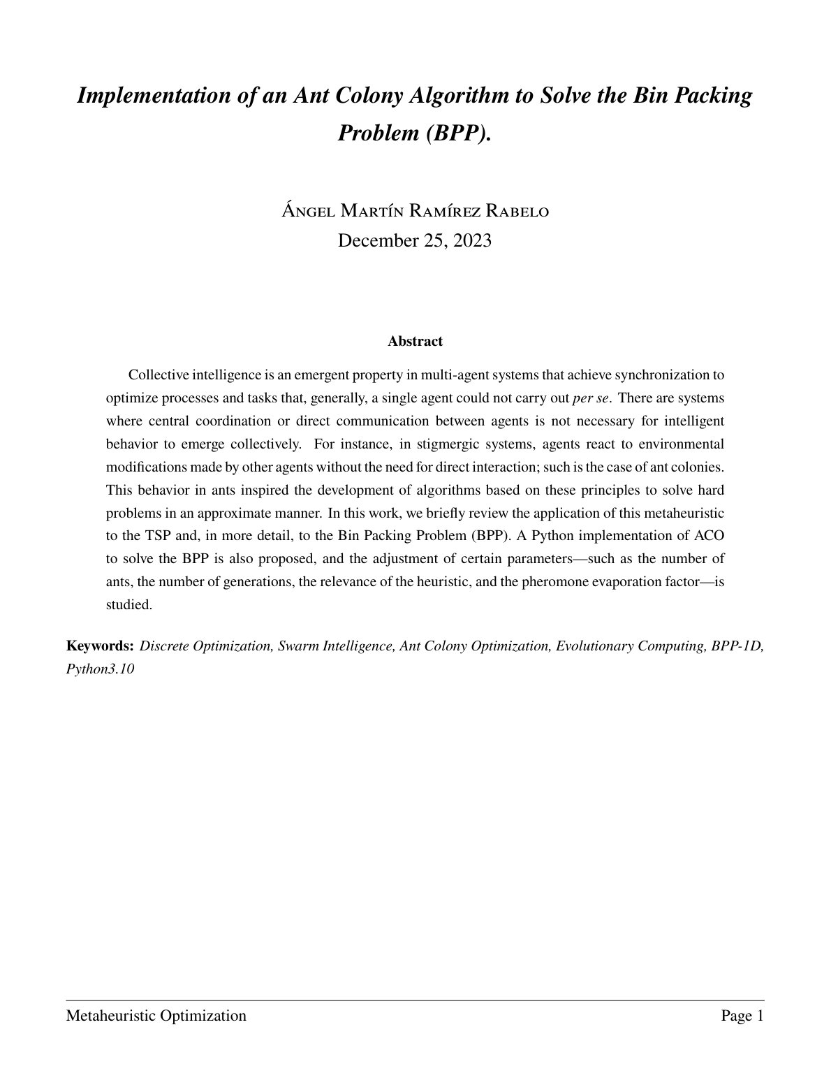 First page of Implementation of an Ant Colony Algorith