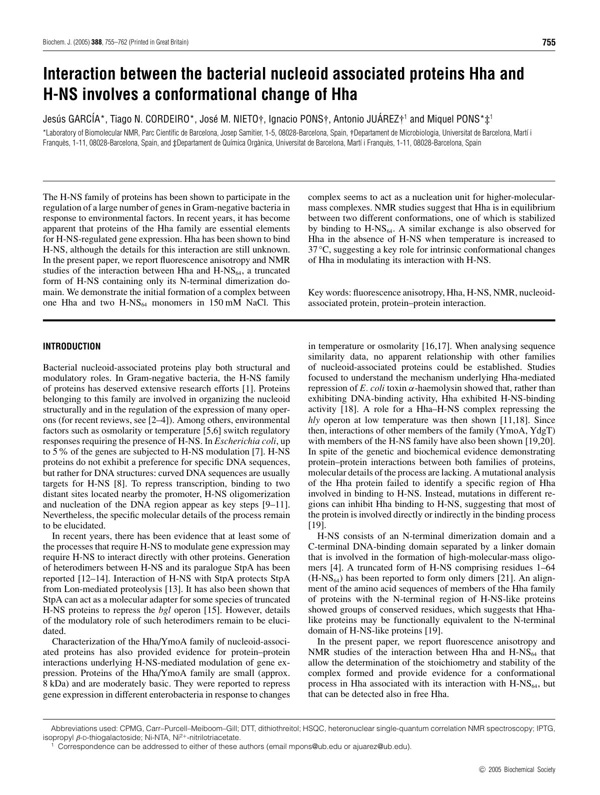 First page of Interaction between the bacterial nucleoid associated proteins Hha and H-NS involves a conformational change of Hha