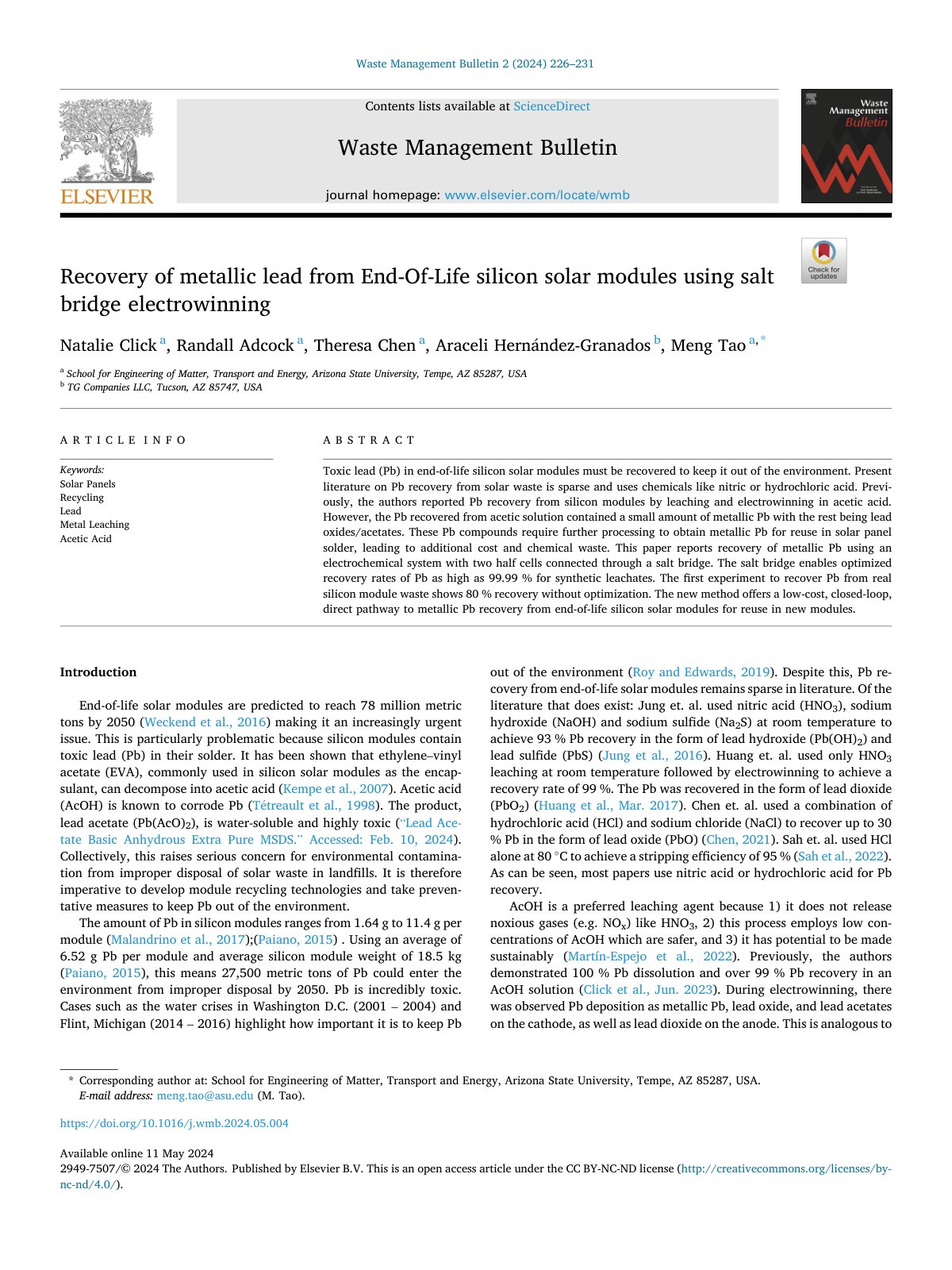 First page of Recovery of metallic lead from End-Of-Life silicon solar modules using salt bridge electrowinning