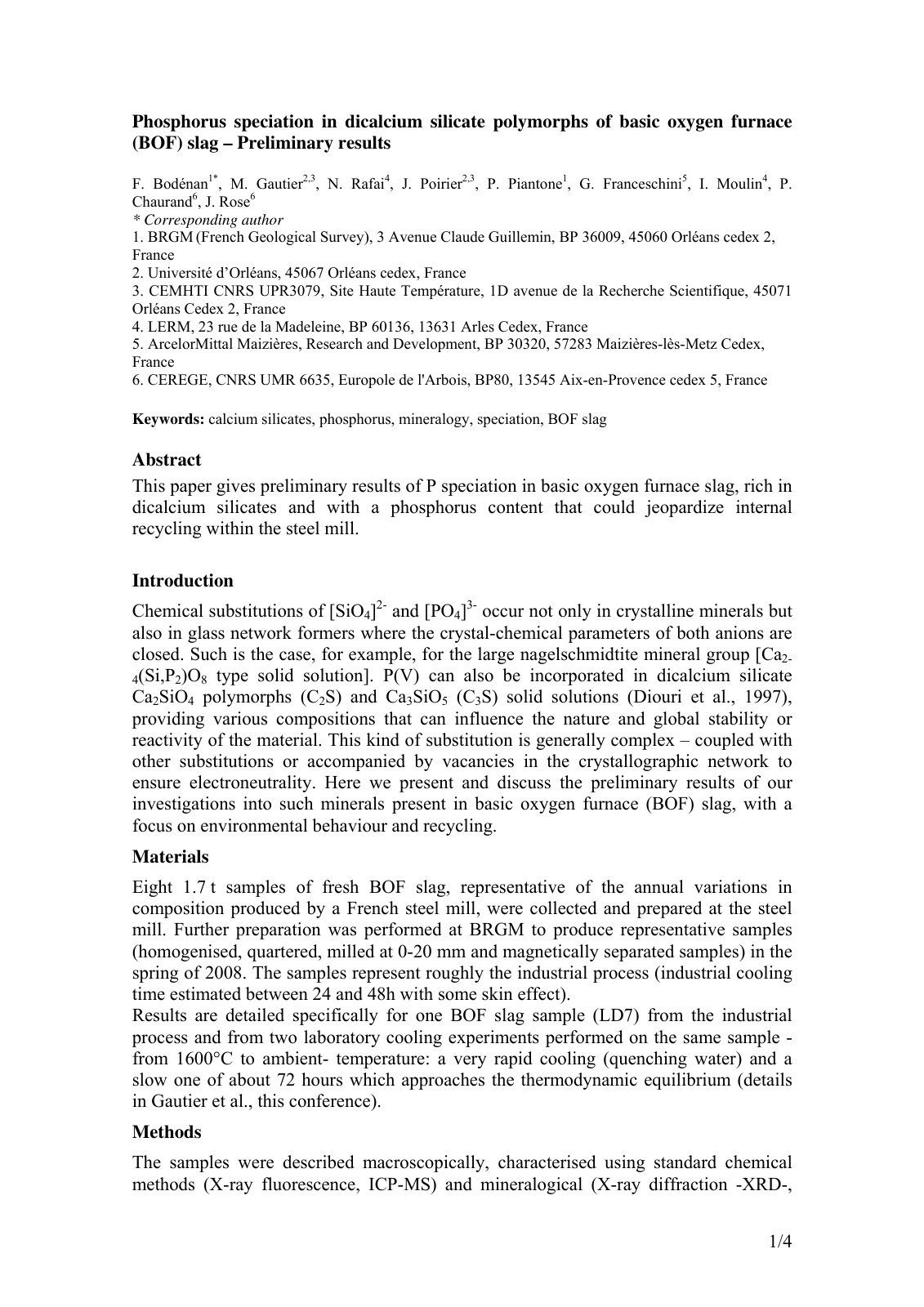 First page of Phosphorus speciation in dicalcium silicate polymorphs of basic oxygen furnace (BOF) slag – Preliminary results