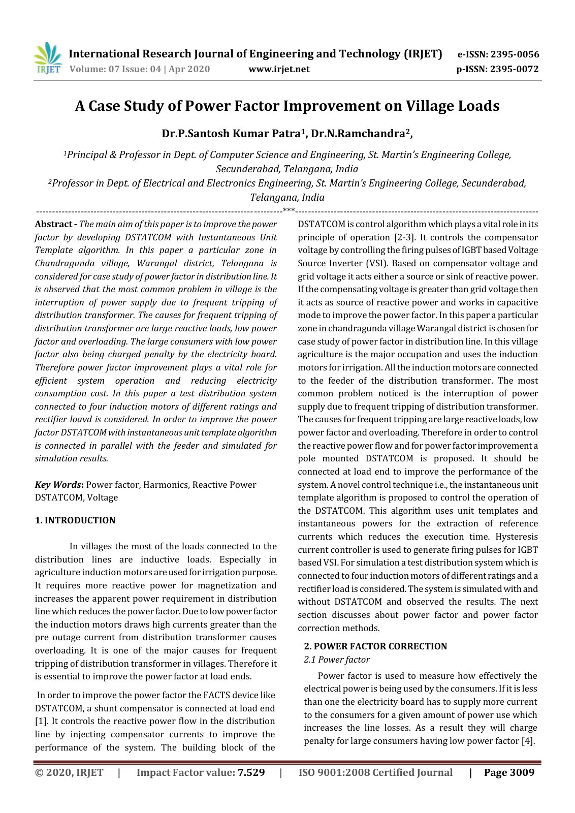First page of A Case Study of Power Factor Improvement on Village Loads