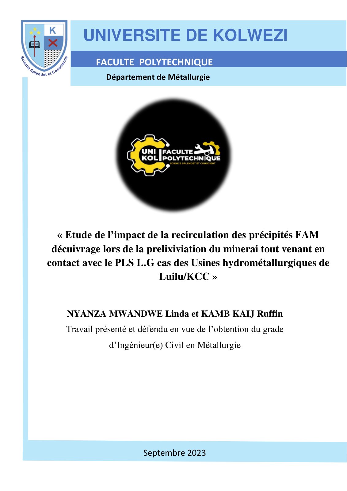 First page of Etude de l’impact de la recirculation des précipités FAM décuivrage lors de la prelixiviation du minerai tout venant en contact avec le PLS L.G cas des Usines hydrométallurgiques de Luilu/KCC