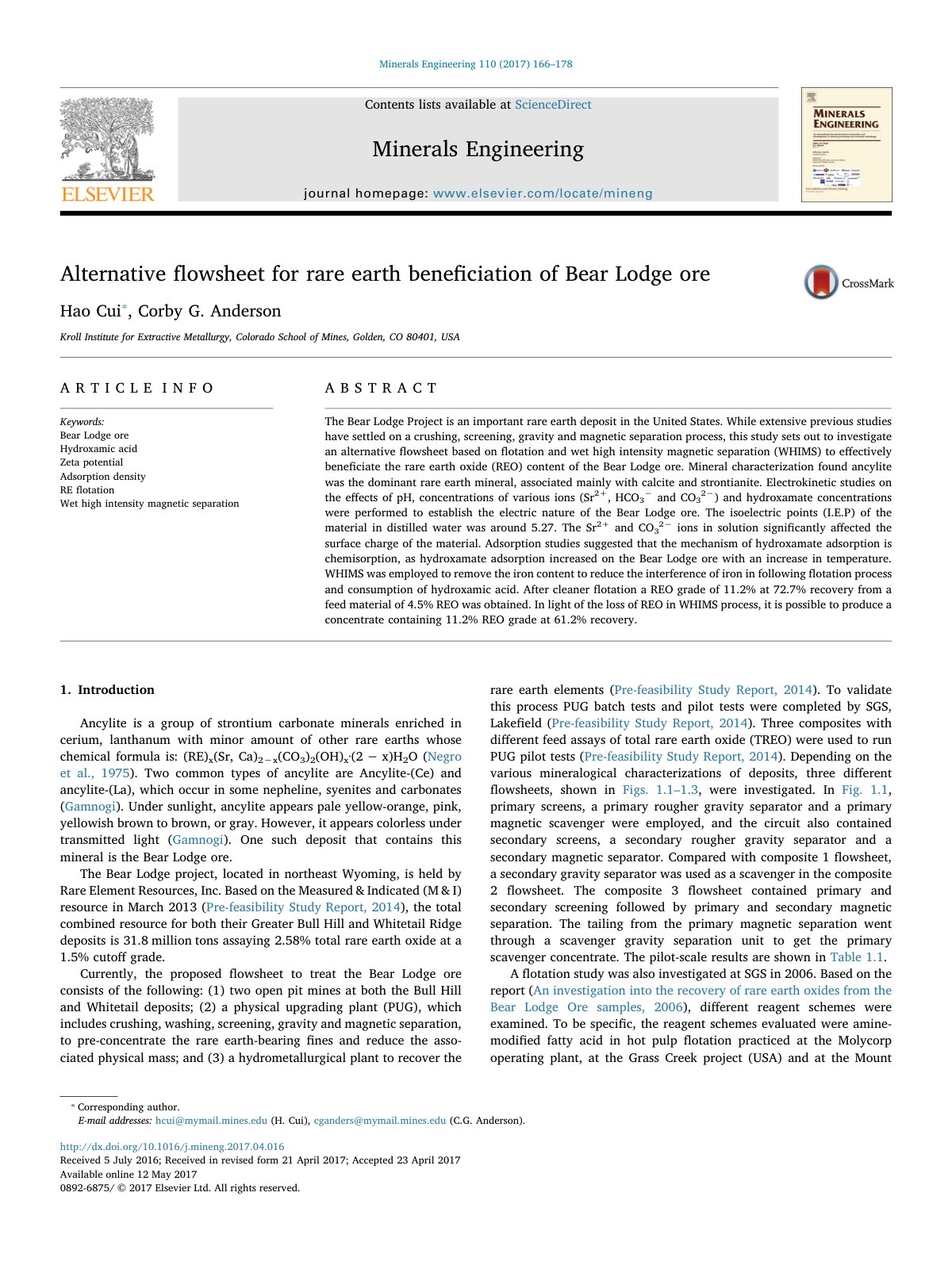 First page of Alternative flowsheet for rare earth ben