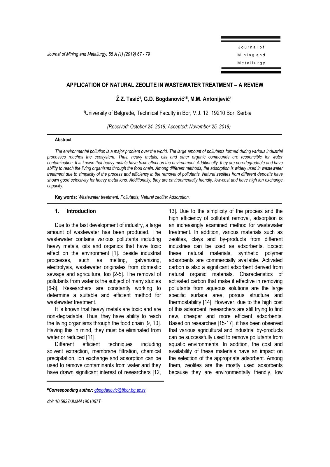 First page of Application of natural zeolite in wastew