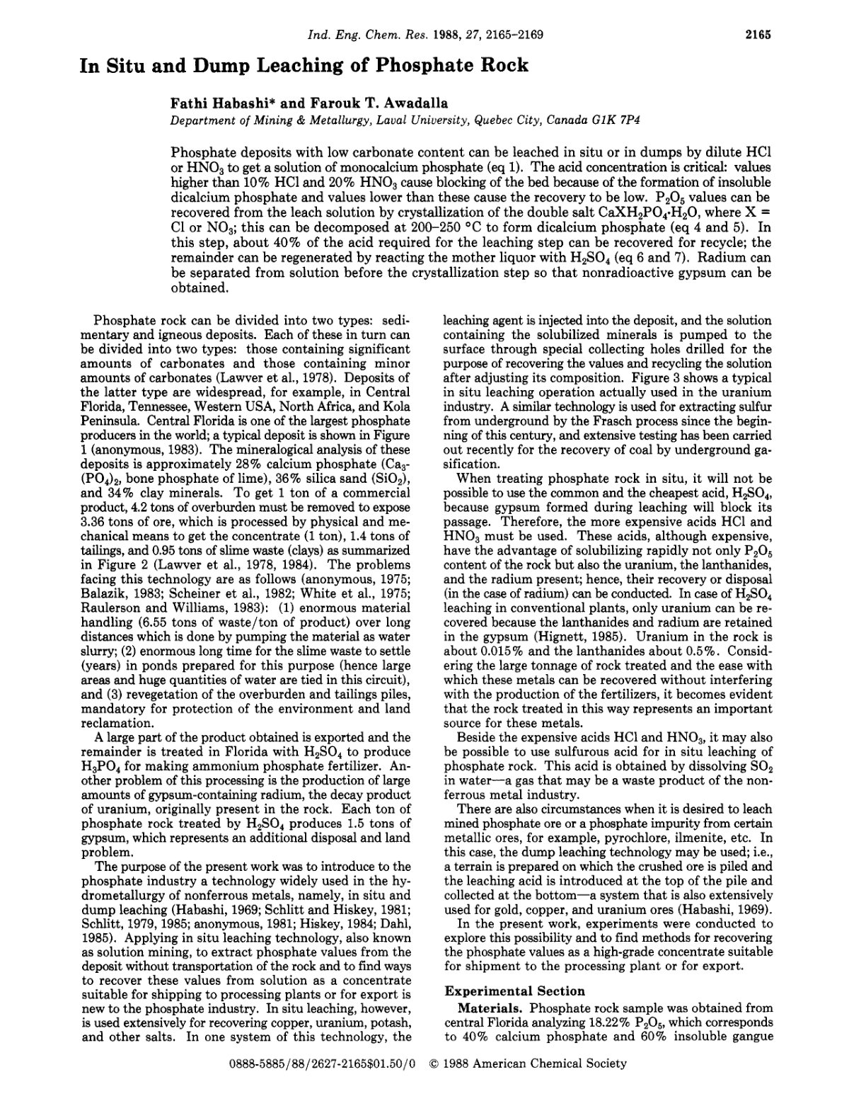 First page of I and EC Research in situ dump vat leach