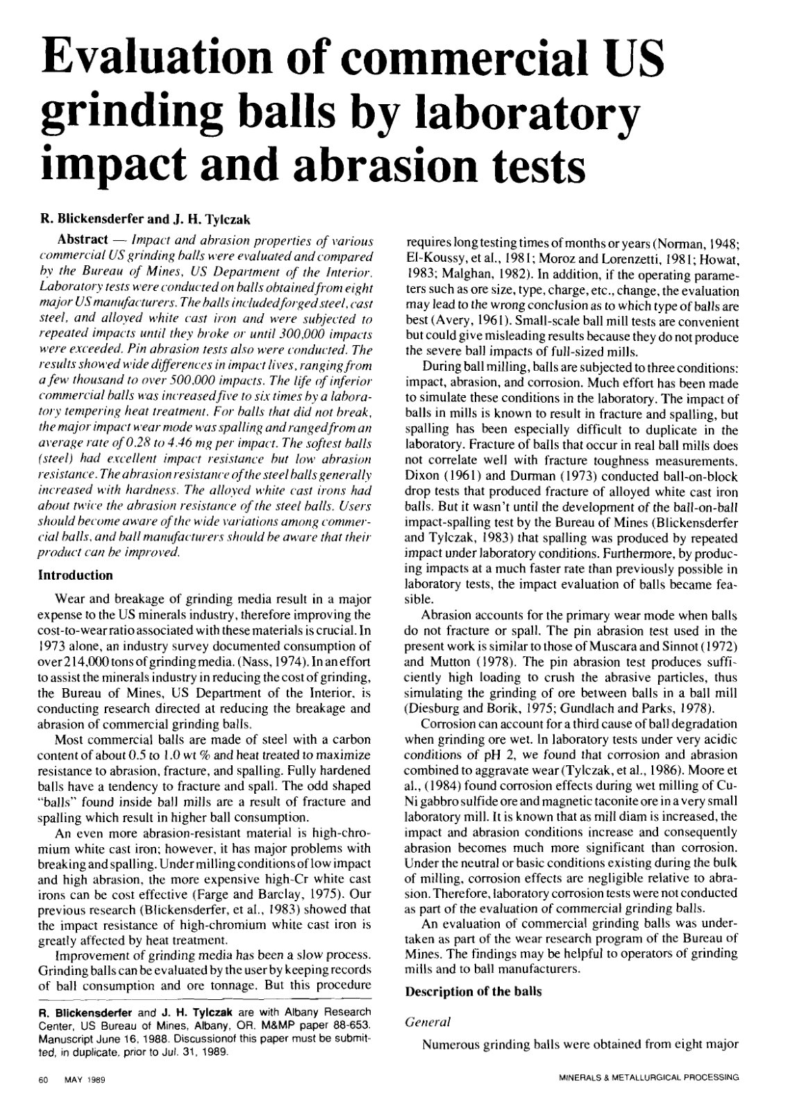 First page of Evaluation of commercial US grinding balls by laboratory impact and abrasion tests