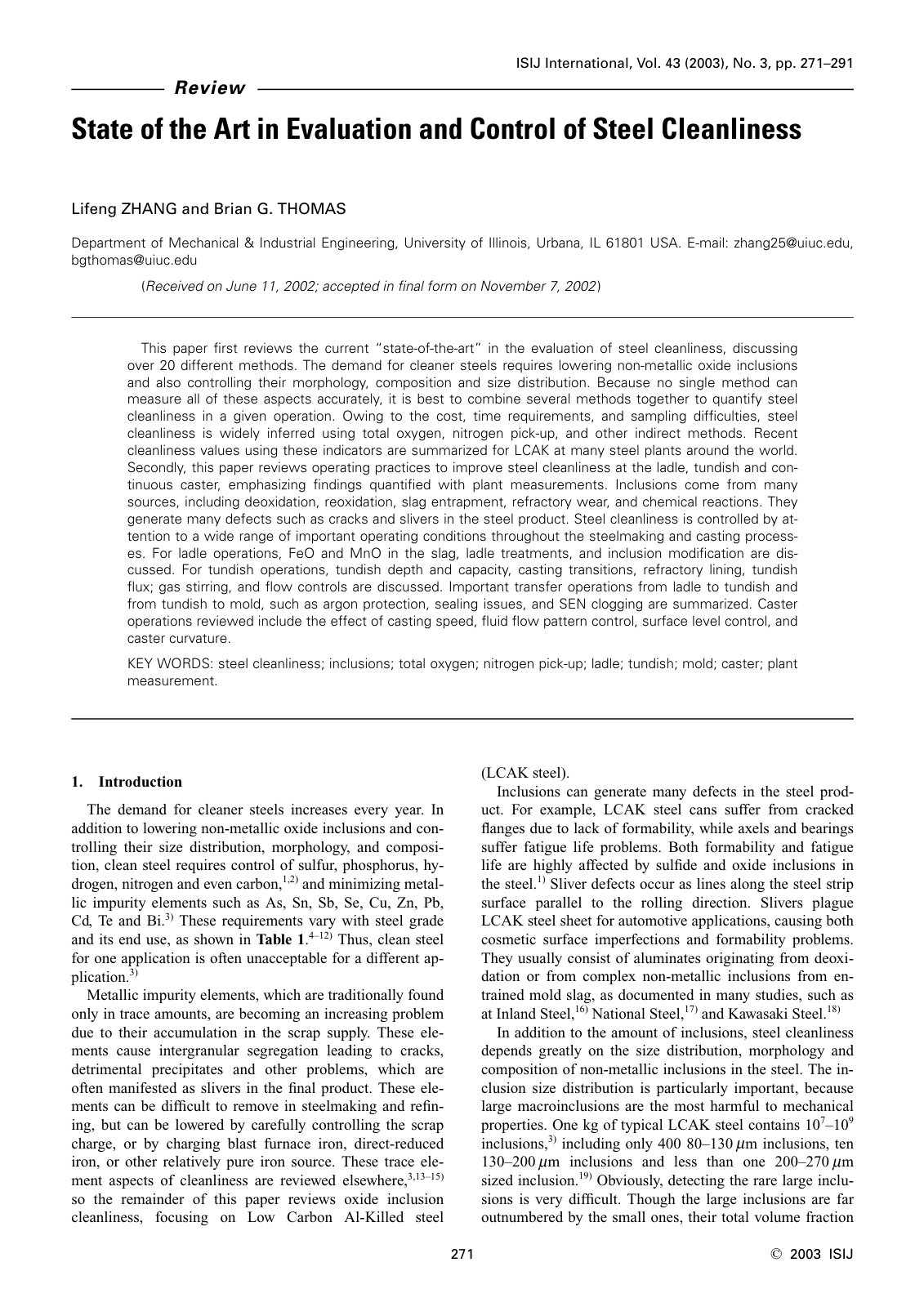 First page of 2003 Lifeng Zhang State of the Art in Evaluation and Control of Steel Cleanliness isijinternational.43.271