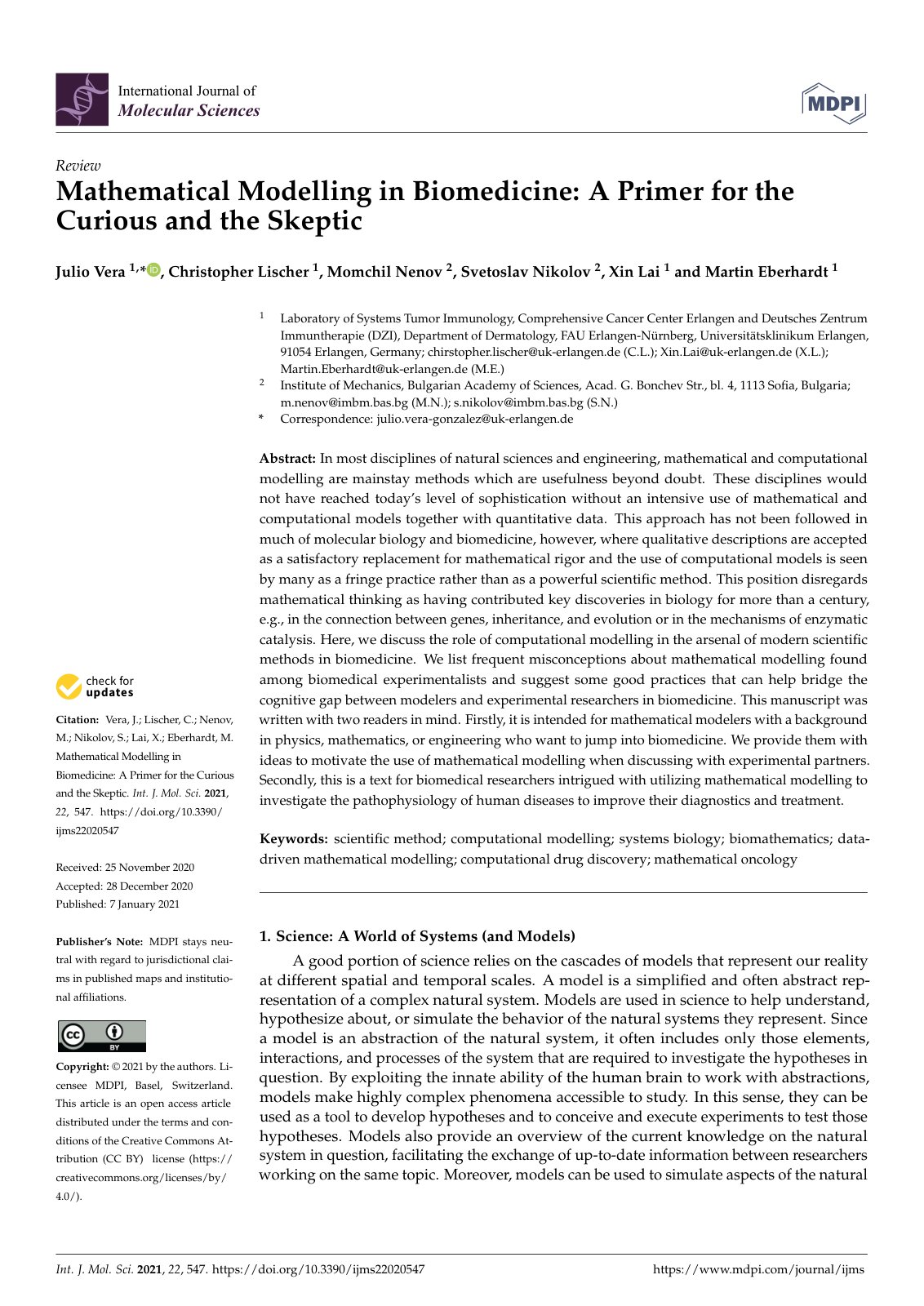First page of Mathematical Modelling in Biomedicine: A Primer for the Curious and the Skeptic