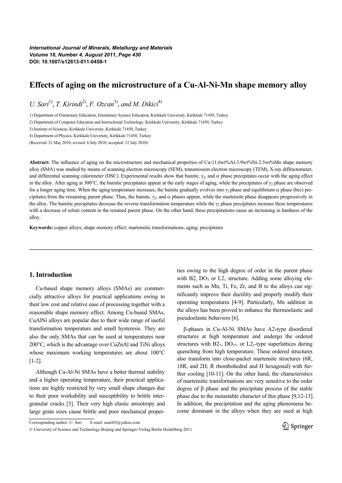 First page of Effects of aging on the microstructure of a Cu-Al-Ni-Mn shape memory alloy