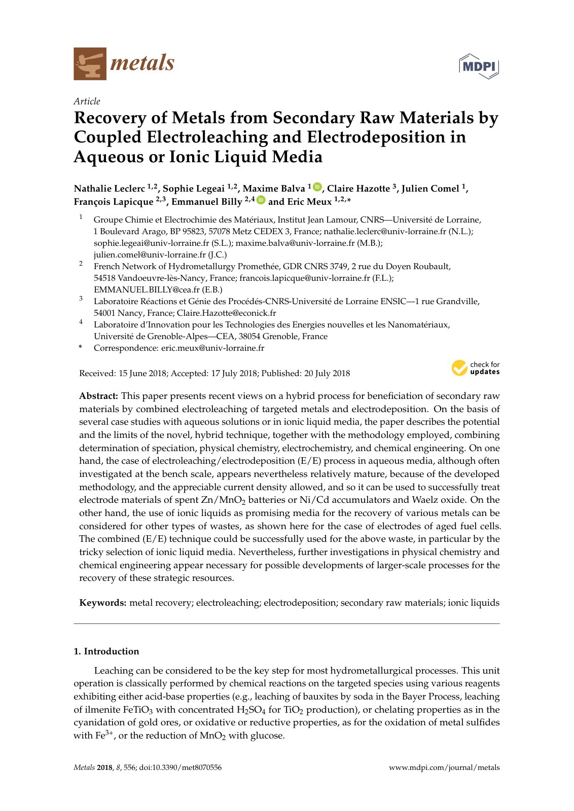 First page of Recovery of Metals from Secondary Raw Materials by Coupled Electroleaching and Electrodeposition in Aqueous or Ionic Liquid Media