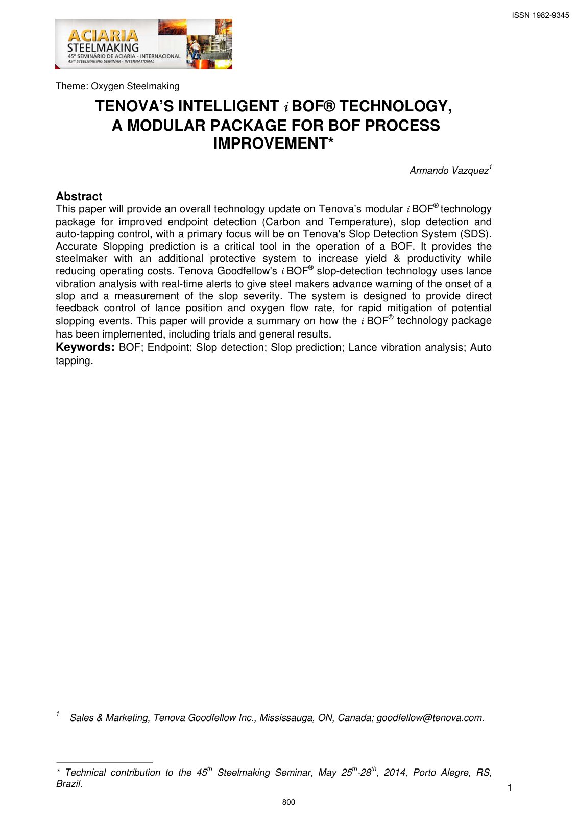 First page of Tenova’s Intelligent i BOF® Technology, A Modular Package for BOF Process Improvement