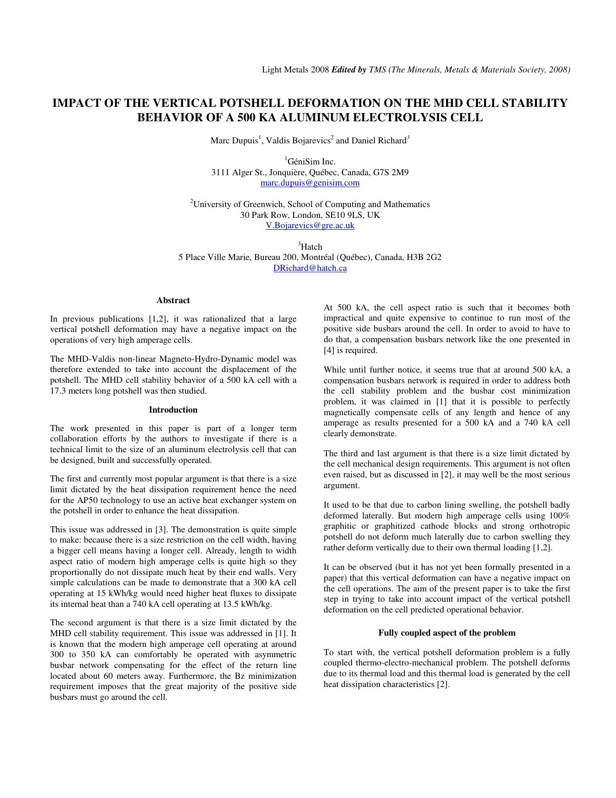 First page of IMPACT OF THE VERTICAL POTSHELL DEFORMATION ON THE MHD CELL STABILITY BEHAVIOR OF A 500 KA ALUMINUM ELECTROLYSIS CELL